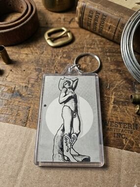 Vintage Cowboy Keychain – Black & White Illustrated Design